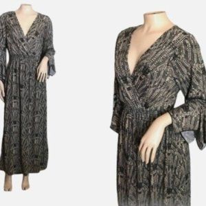 Lapogee Maxi Dress Womens S Boho V Neck 3/4 Sleeve Hippie Festival Black Tan NWT